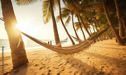  a hammock on a beach with palm trees and the sun setting.  generative ai