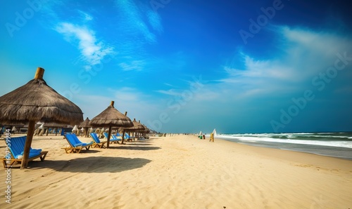  a sandy beach with blue lawn chairs and straw umbrellas.  generative ai © Anna