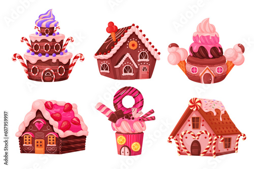 Candy houses set vector illustration. Cartoon isolated gingerbread, chocolate cake and cupcake fantasy buildings for fairy tale land with cookies and donuts, candy caramel and ice cream decoration