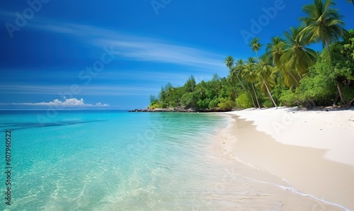  a sandy beach with palm trees and clear blue ocean water. generative ai
