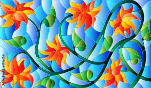 An illustration in the style of a stained glass window with orange intertwined flowers and leaves on a blue background