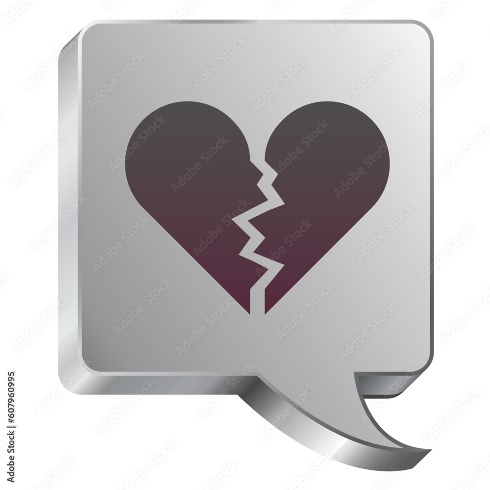 Broken heart icon on stainless steel modern industrial voice bubble icon suitable for use as a website accent, on promotional materials, or in advertisements. Broken heart icon on stainless steel modern industrial voice bubble icon suitable for use as a website accent, on promotional materials, or in advertisements.