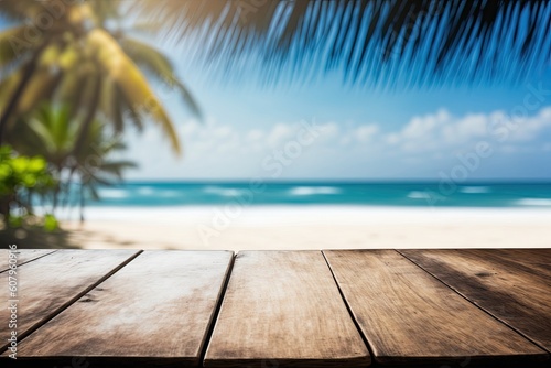 In the summer, an empty wooden table and palm leaves with a party on a beautiful beach are blurred in the backdrop. Generative AI