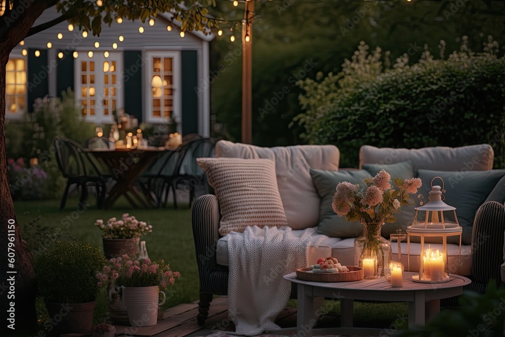 Summer evening on the patio of a lovely suburban home with a garden. Generative AI