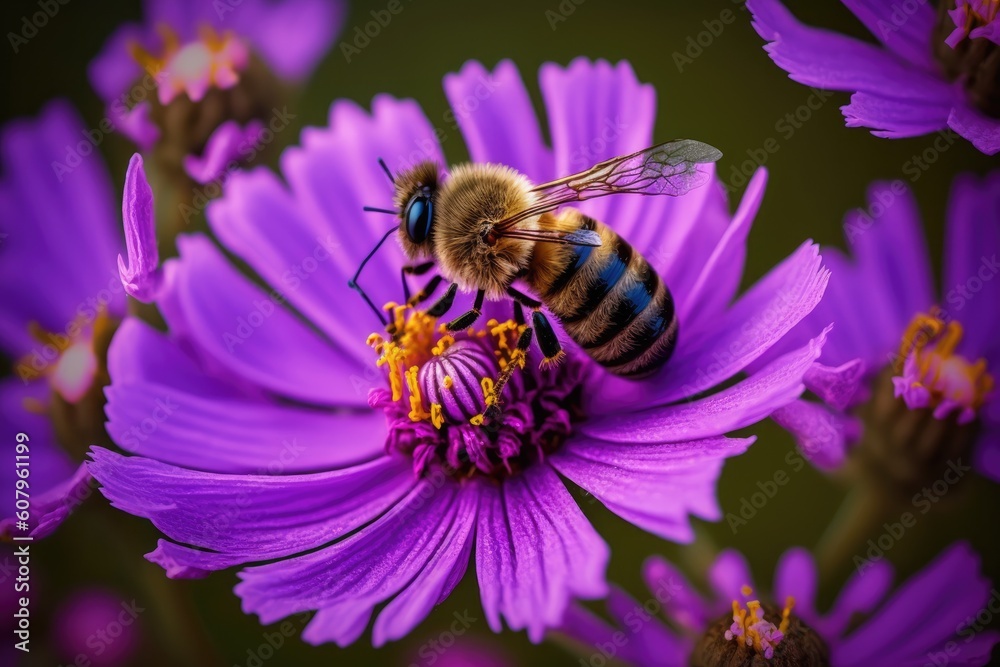 On a lush meadow, a honey bee pollinates a purple summer bloom. Generative AI On a lush meadow, a honey bee pollinates a purple summer bloom. Generative AI