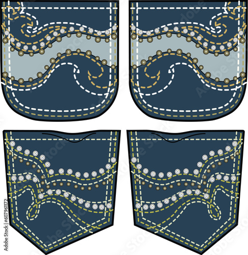 back pocket design with stones and stitching