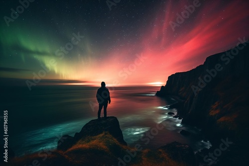 person stands on a rock by the sea and admires the sky created with Generative AI technology