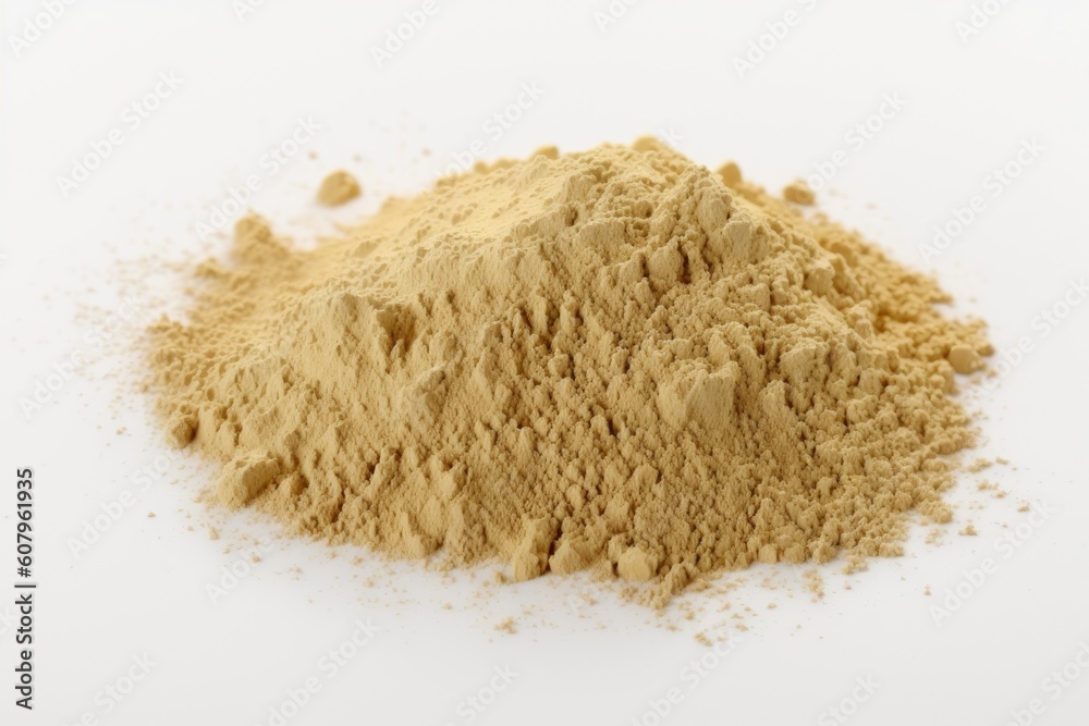 On a white backdrop, a heap of dried beach sand. Generative AI On a white backdrop, a heap of dried beach sand. Generative AI