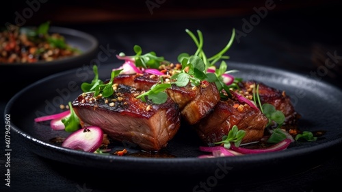 juicy pork belly marinated in Asian spices and served with chopped spring onions