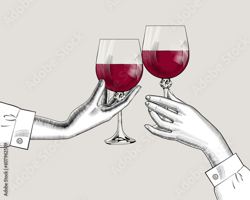 Friends raising a toast with glasses of wine at family dinner. Hands of friends cheering with glasses of wine. Friends cheering with wine glasses. Vector illustration.