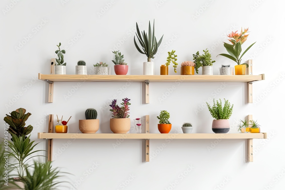 a white background banner advertising a furniture company with shelves that are unusually colored and pots filled with fake flowers. Copy space Indoors. Straight shelves. Succulents used Generative AI