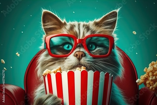 Cat wearing 3D glasses watching movie and holding popcorn