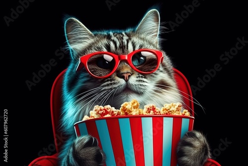 Cat wearing 3D glasses watching movie and holding popcorn