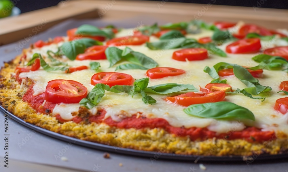 a pizza with tomatoes, basil, and cheese on a pan on a table with a box of limes in the backgroud. generative ai a pizza with tomatoes, basil, and cheese on a pan on a table with a box of limes in the backgroud. generative ai