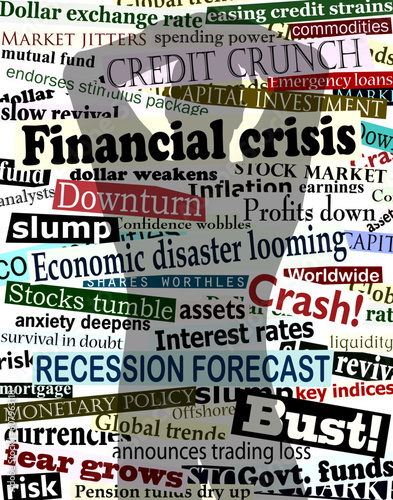 Background editable vector design of economic headlines with man's shadow holding his head in despair