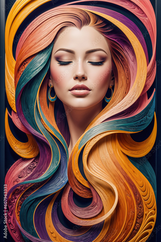 Portrait of a colorful-haired beautiful woman with striking features, up close and personal with her stylish colorful tresses. Generative AI.