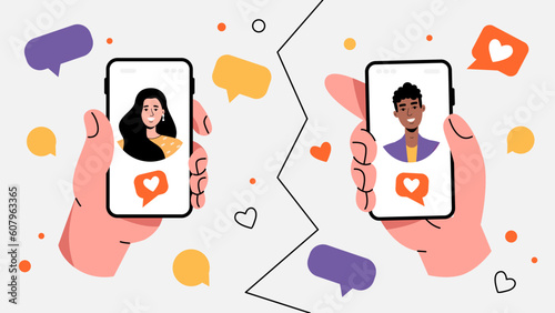 A human hand is holding a smartphone. Mixing a man and a woman.  Message, correspondence, love. Dating app.