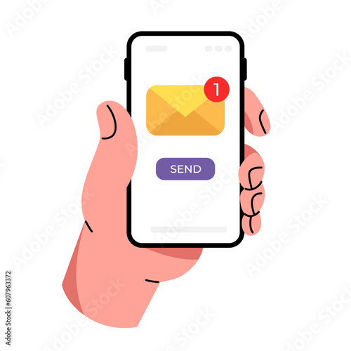 A human hand is holding a smartphone. A new message. The envelope icon. Fingers and a Flat-style screen