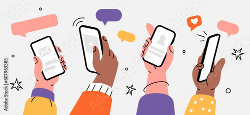 Several hands are holding a smartphone. Correspondence, messages, news, chat. Social media accounts on screens