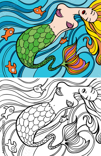 Mermaid swimming in the ocean with gold fish - both color and black / white version.