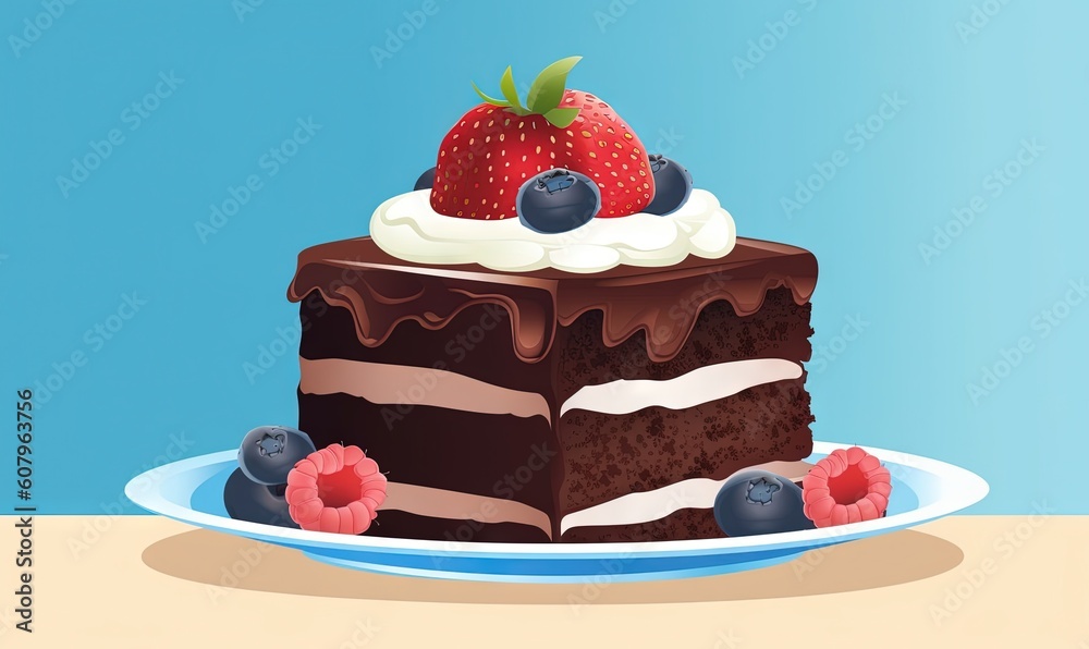 a piece of chocolate cake with a strawberry on top of it and blueberries on top of the rest of the cake on a plate. generative ai a piece of chocolate cake with a strawberry on top of it and blueberries on top of the rest of the cake on a plate. generative ai