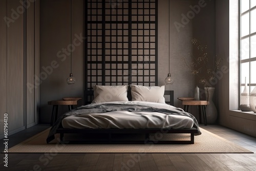 A realistic, contemporary black bed with gray pillows, a teakwood bed frame, and a bedside table. Early morning window light, the shadow of leaves on a beige wall, and a parquet floor. Generative AI