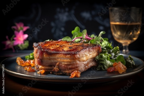 pork belly with crispy skin and succulent layers served on a plate alongside some greens