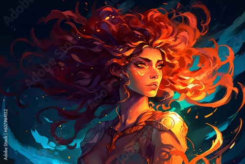 illustration of a fiery warrior with red curls created with Generative AI technology