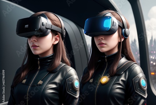 Two Cheerful caucasian woman use VR helmet to watch digital movies or visit metaverses in asset space. Impressed girls uses innovative technology to view 3D scenes for work. Generative AI