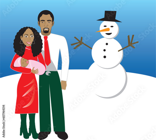 Vector Illustration of Family number 5. A family of 3 in front of snowman during Christmas time. Has space for a message.