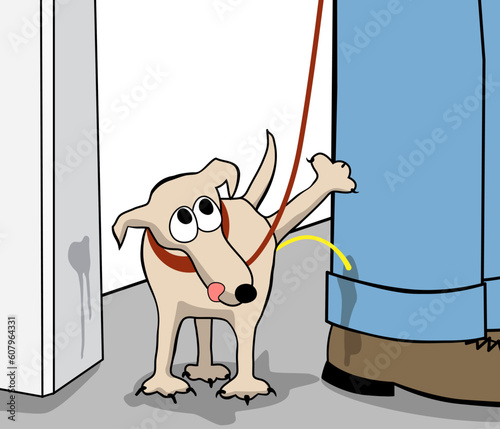 Editable vector cartoon of a small dog urinating on its owner's leg