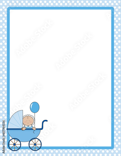 Polka dot border with baby boy in a carriage in one corner