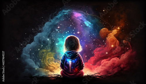 Space children meditate new quality of universal colorful technology illustration image design, generative	
 photo