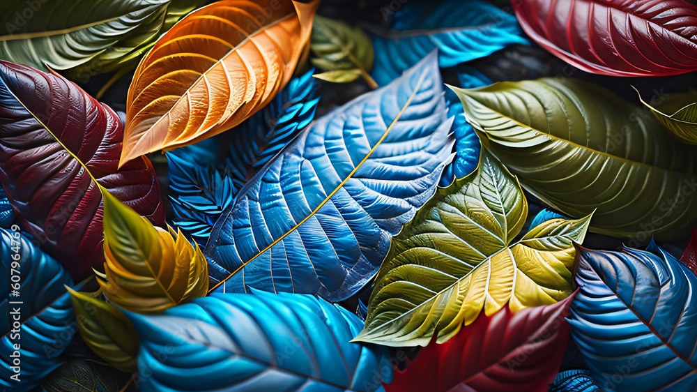 Colorful leaves background. Tropical Nature concept. Close-up shot. Ai generative Colorful leaves background. Tropical Nature concept. Close-up shot. Ai generative