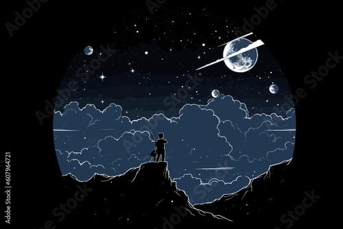 Fototapete Doodle inspired Astronomer observing the night sky, cartoon sticker, sketch, vec