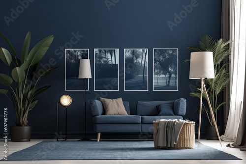a single color monochrome mockup of a dark blue interior room with furniture, plants, and five photo frames on the wall. Generative AI