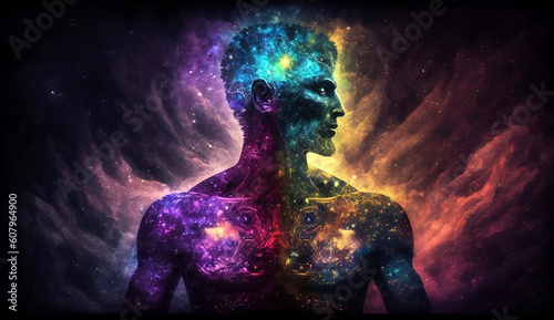Space man meditating new quality universal colorful technology stock image illustration design, generative ai 