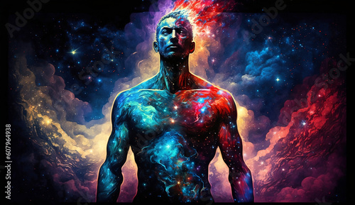 Space man meditating new quality universal colorful technology stock image illustration design, generative ai 