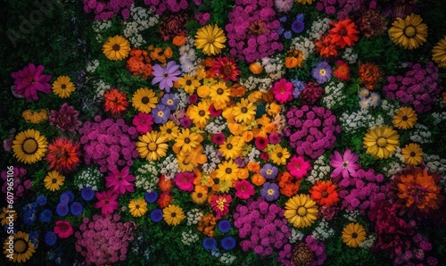  a bunch of flowers that are laying on the ground in the grass. generative ai