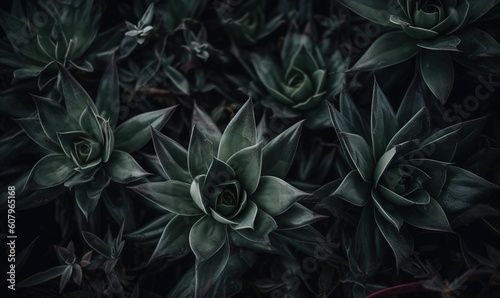  a group of green plants with leaves on them in the dark night time, with a dark background of green leaves and dark green foliage.  generative ai