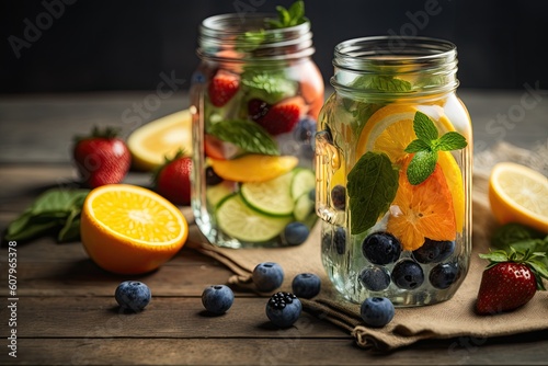 Water infused with detoxifying fruits. Selective focus on a delicious homemade summer beverage. Generative AI