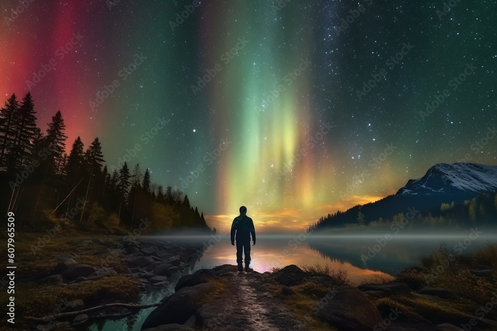 Fototapeta premium Silhouette of a man watching the Northern Lights Aurora Borealis