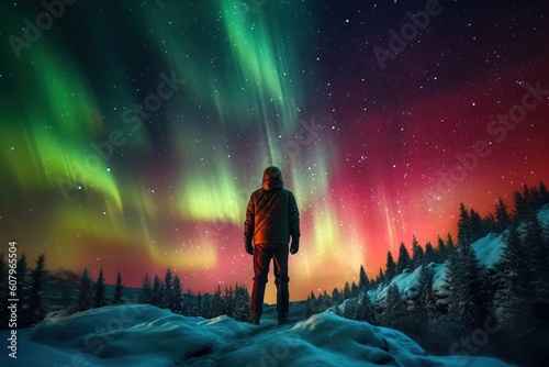 Silhouette of a man watching the Northern Lights Aurora Borealis