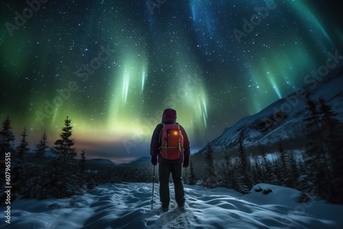 Silhouette of a man watching the Northern Lights Aurora Borealis