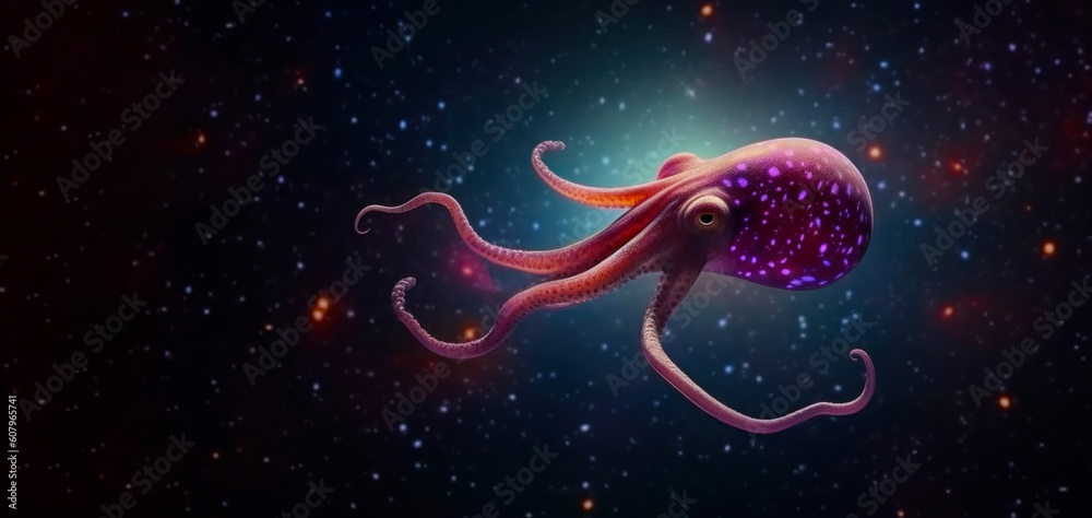 Space ocean banner with a soaring octopus among the stars, the idea of a surreal world, an exciting and vivid picture of a rainbow-colored octopus soaring in space, AI generated Space ocean banner with a soaring octopus among the stars, the idea of a surreal world, an exciting and vivid picture of a rainbow-colored octopus soaring in space, AI generated