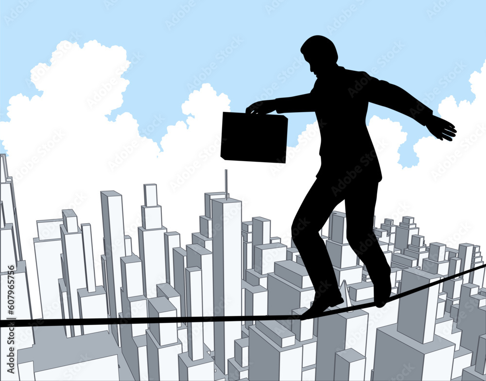 Editable vector outline of a businessman walking a tightrope Editable vector outline of a businessman walking a tightrope
