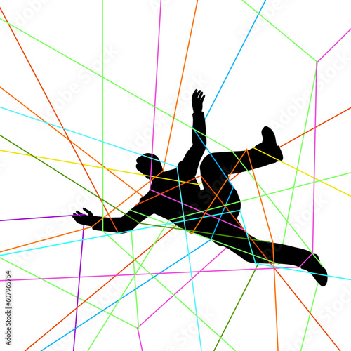 Editable vector illustration of a man entangled in colorful threads