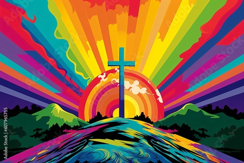 illustration of christian cross on a hill with the rising sun created with Generative AI technology