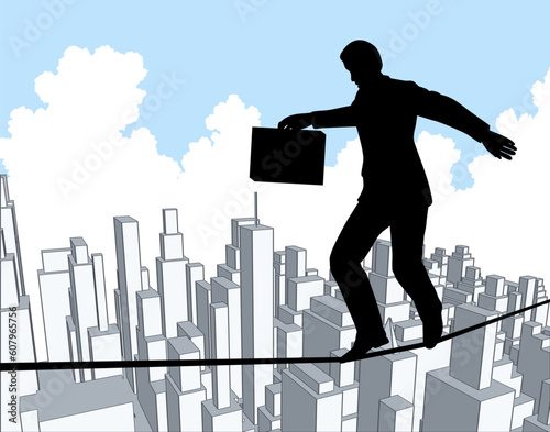 Editable vector outline of a businessman walking a tightrope