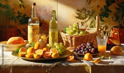  a table topped with a plate of fruit next to a bottle of wine and a basket of oranges and grapes next to a bottle of wine.  generative ai
